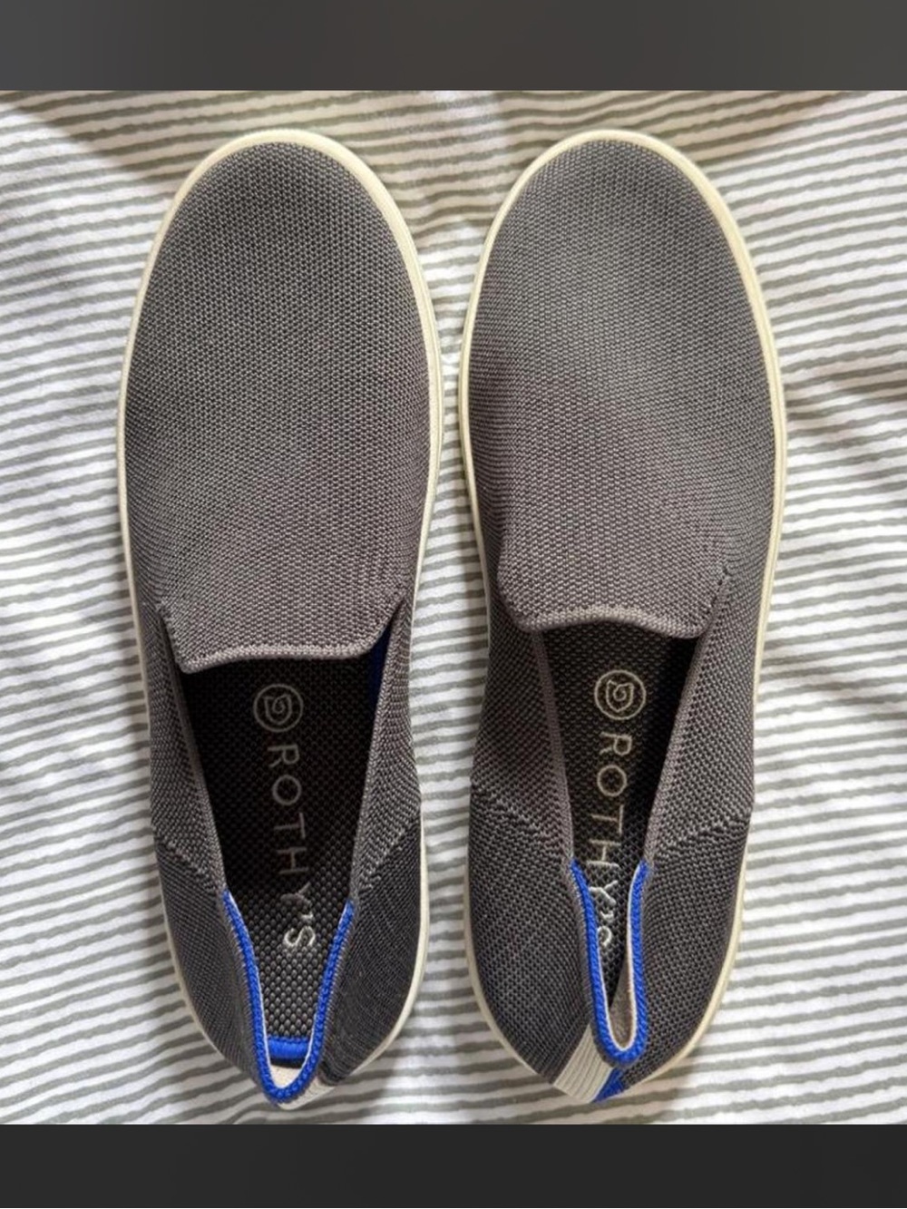 Rothy's Gray Slip-On Loafers with Blue Pull Tabs